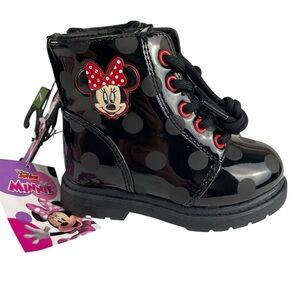 Disney Minnie Mouse Lace Up Patent Black Polka Dot Boots Size 7 NWT